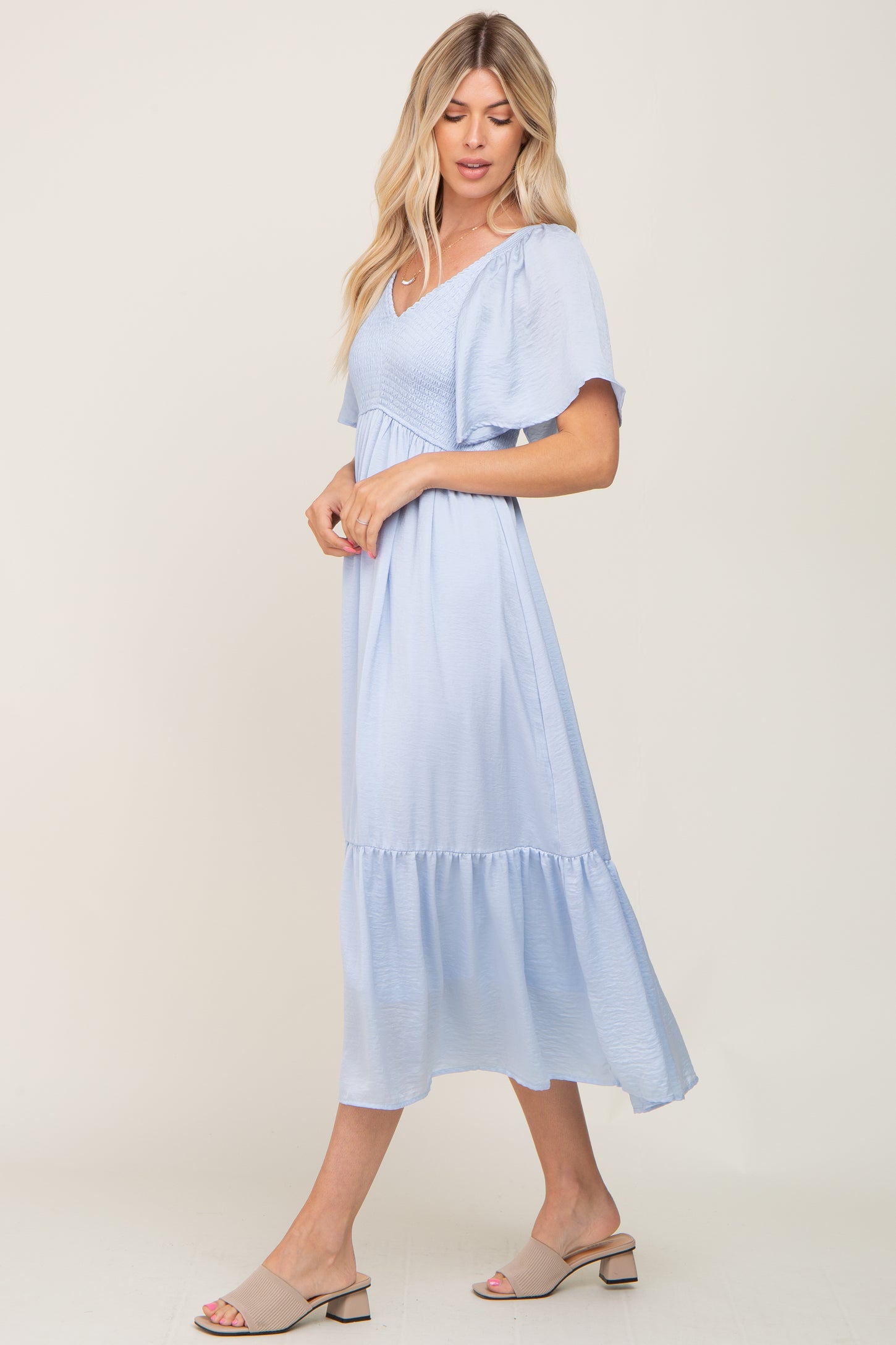 Light Blue Satin Smocked Midi Dress