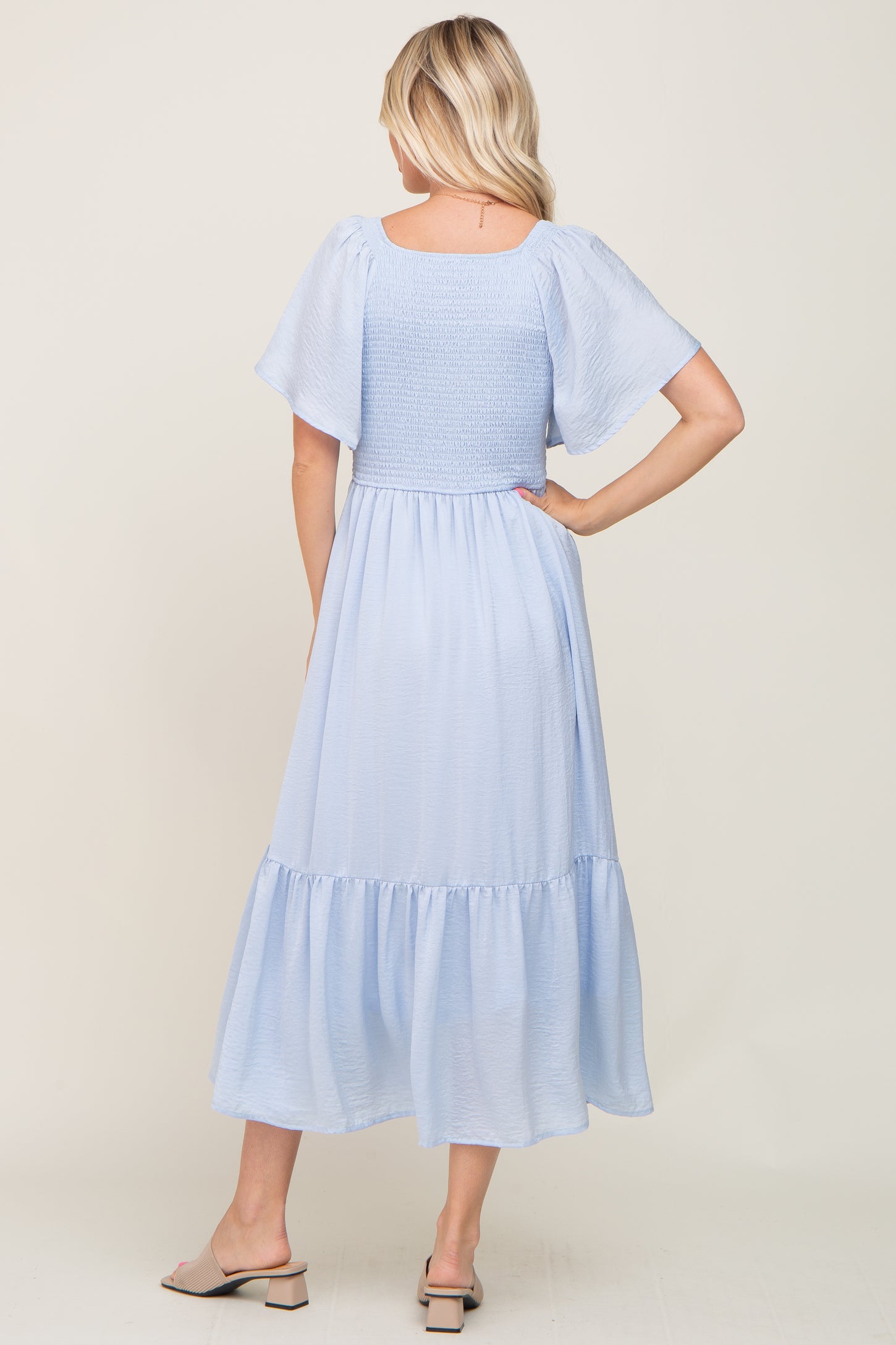 Light Blue Satin Smocked Midi Dress