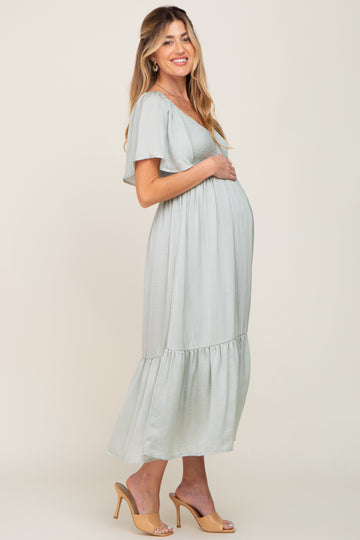 Mint Green Satin Smocked Maternity Midi Dress