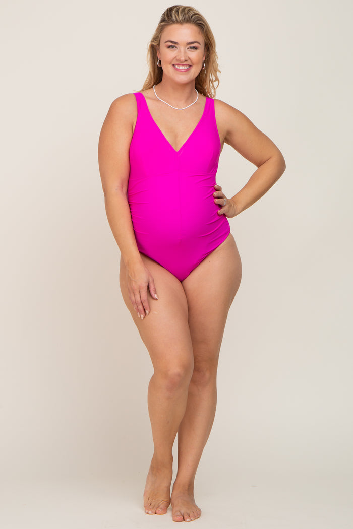 Fuchsia Ruched Plus Maternity One Piece Swimsuit