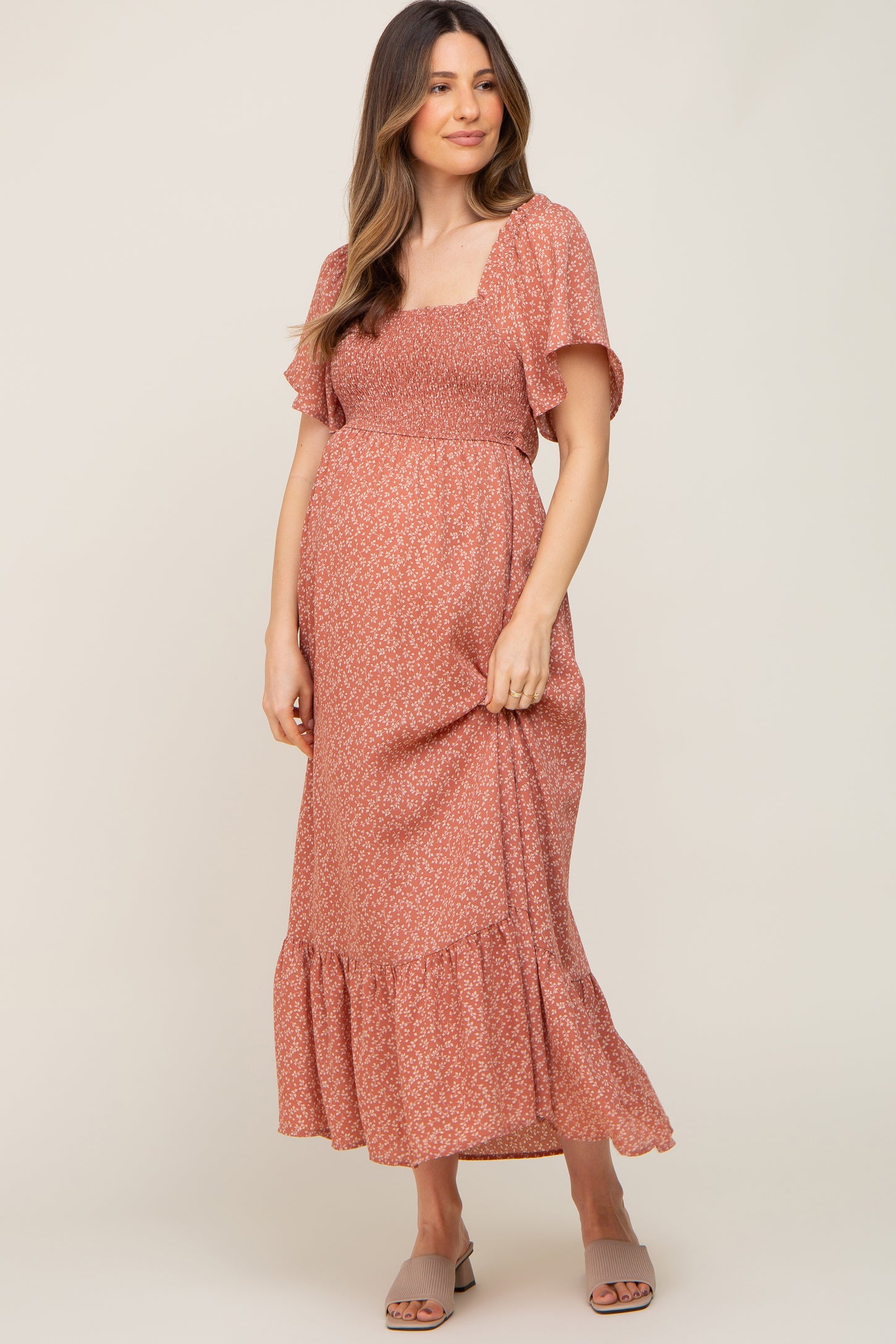 Rust Leaf Smocked Flounce Sleeve Maternity Maxi Dress