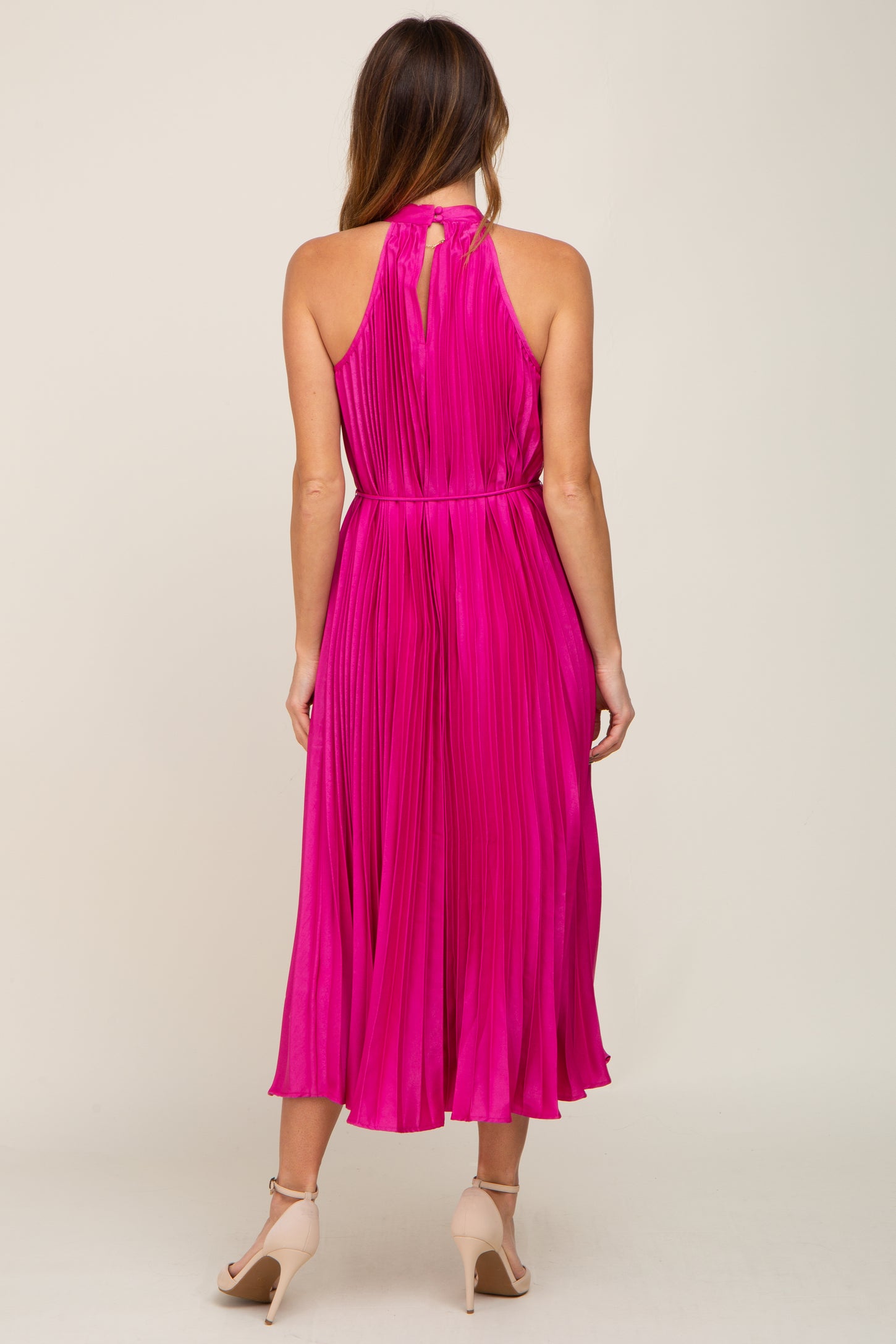 Fuchsia Pleated Halter Dress