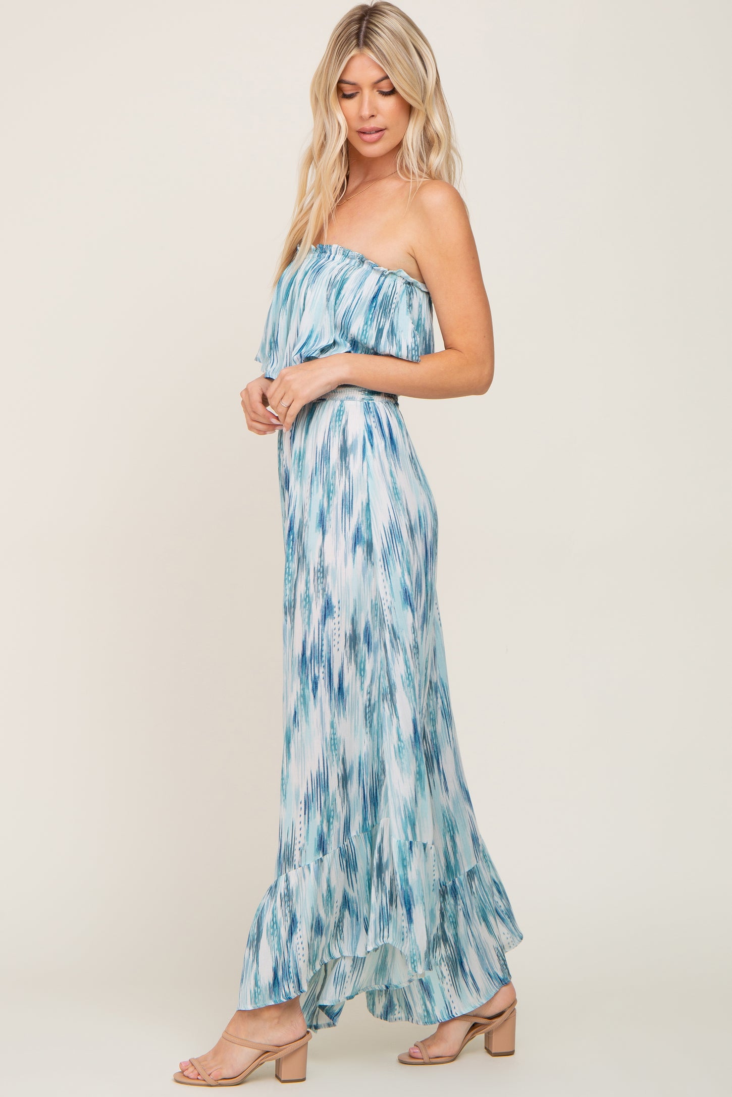 Blue Printed Sleeveless Flounce Jumpsuit