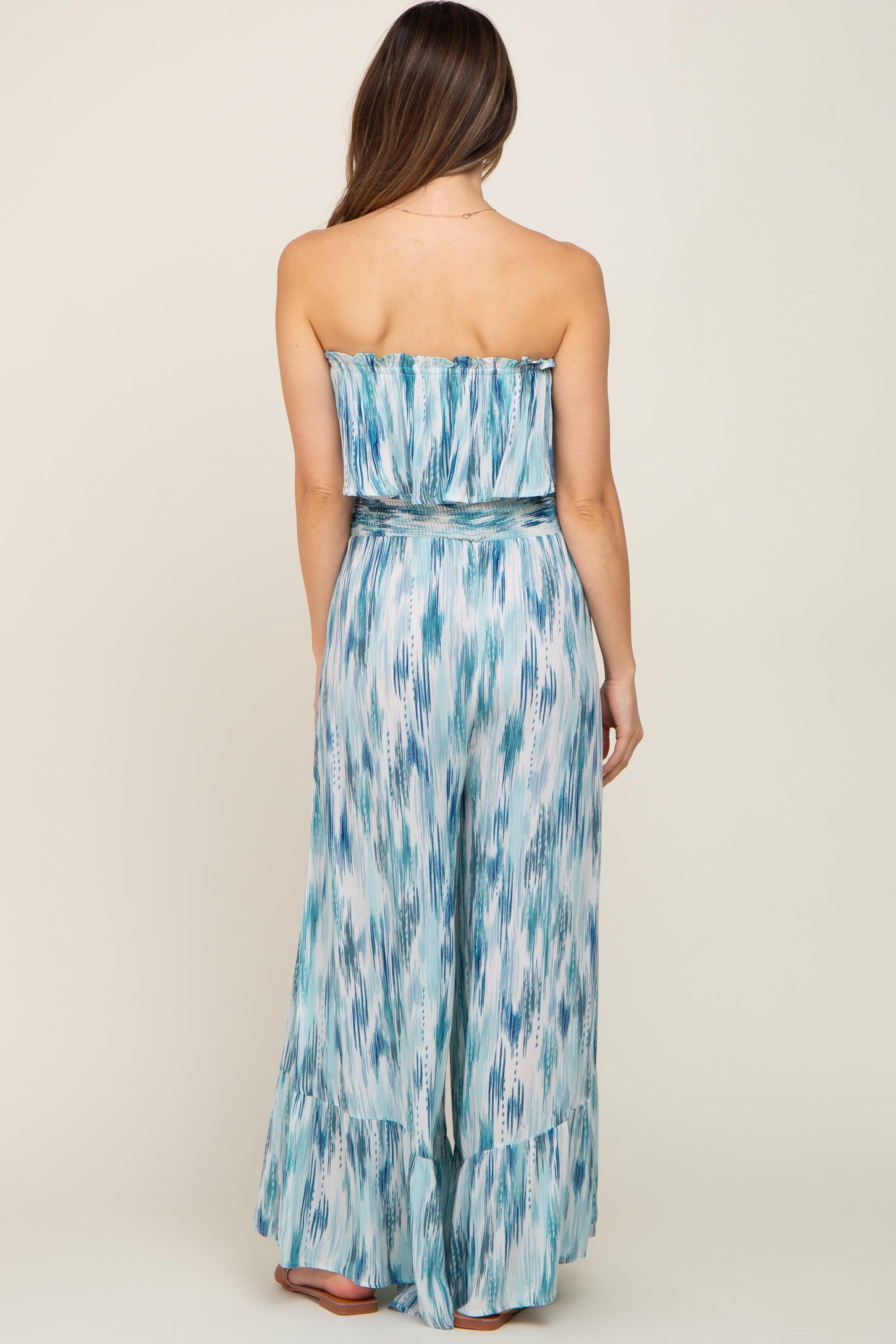 Blue Printed Sleeveless Flounce Maternity Jumpsuit