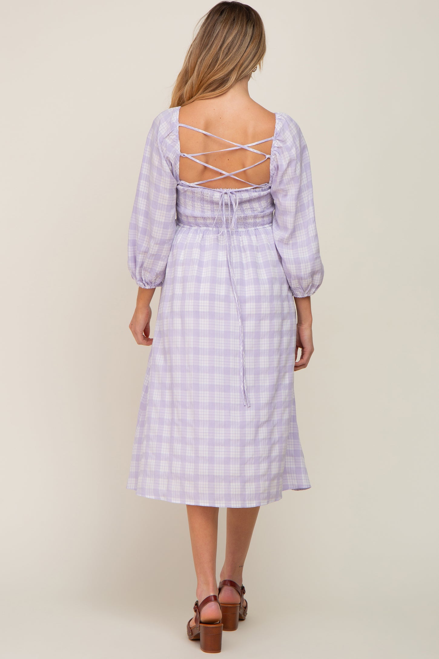 Lavender Plaid Smocked Square Neck Lace-Up Back Maternity Midi Dress