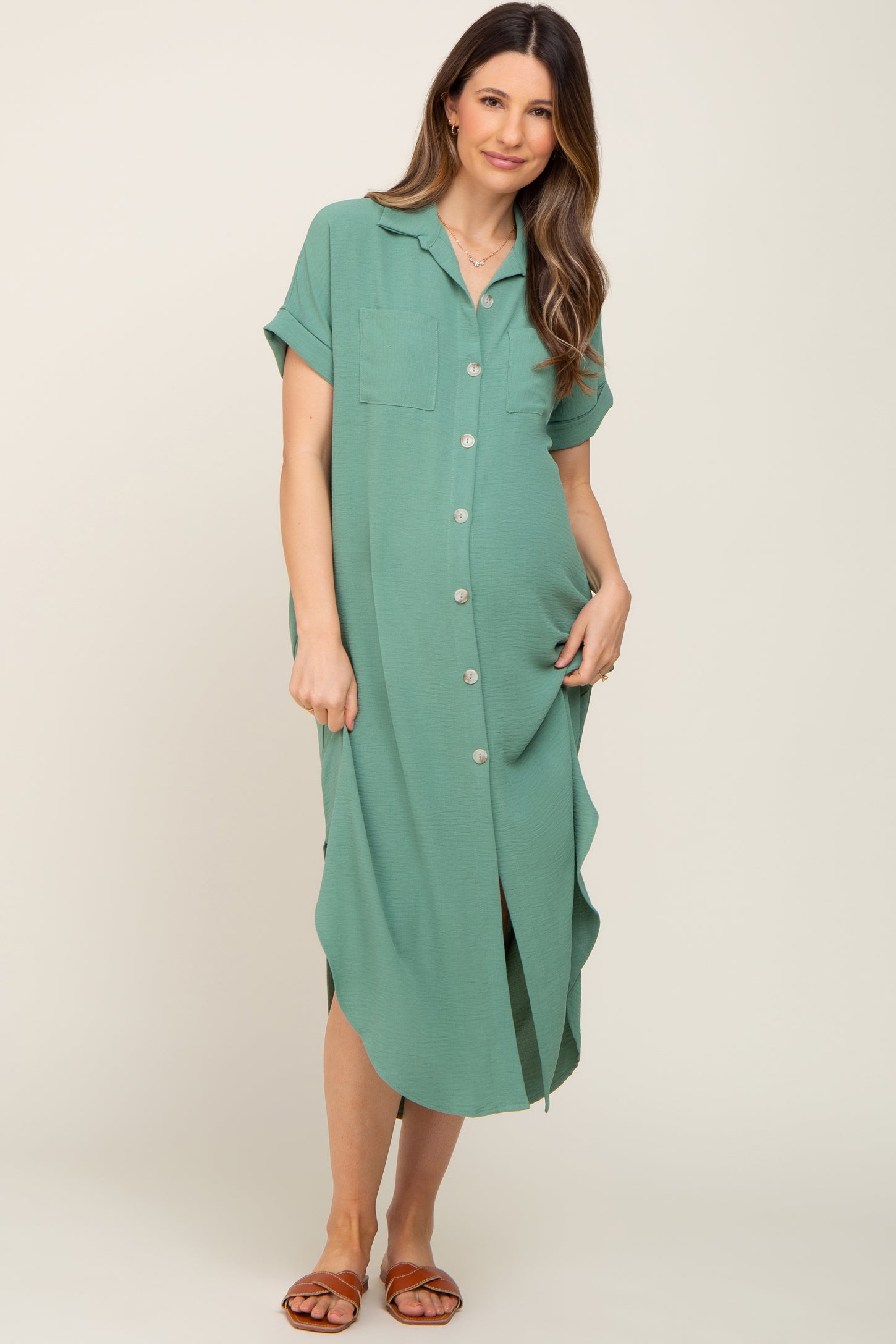 Green Button Down Hi Low Maternity Maxi Dress