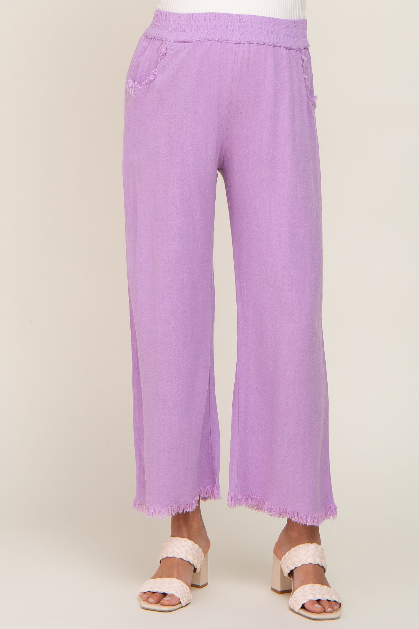 Lavender Linen Frayed Hem Crop Maternity Pants