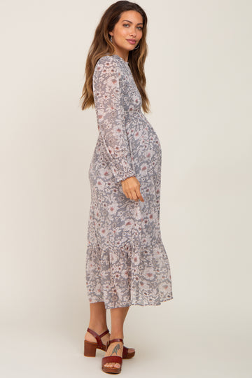 Grey Floral Smocked Long Sleeve Maternity Maxi Dress