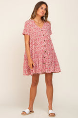 Red Floral Button Down Tiered Dress