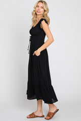 Black Smocked Ruched Ruffle Hem Maxi Dress
