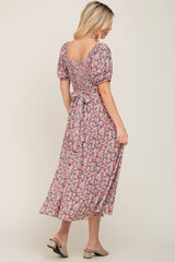 Coral Abstract Floral Smocked Midi Dress