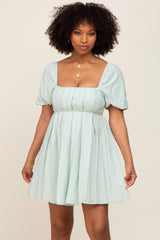 Sage Striped Pleated Puff Sleeve Mini Dress