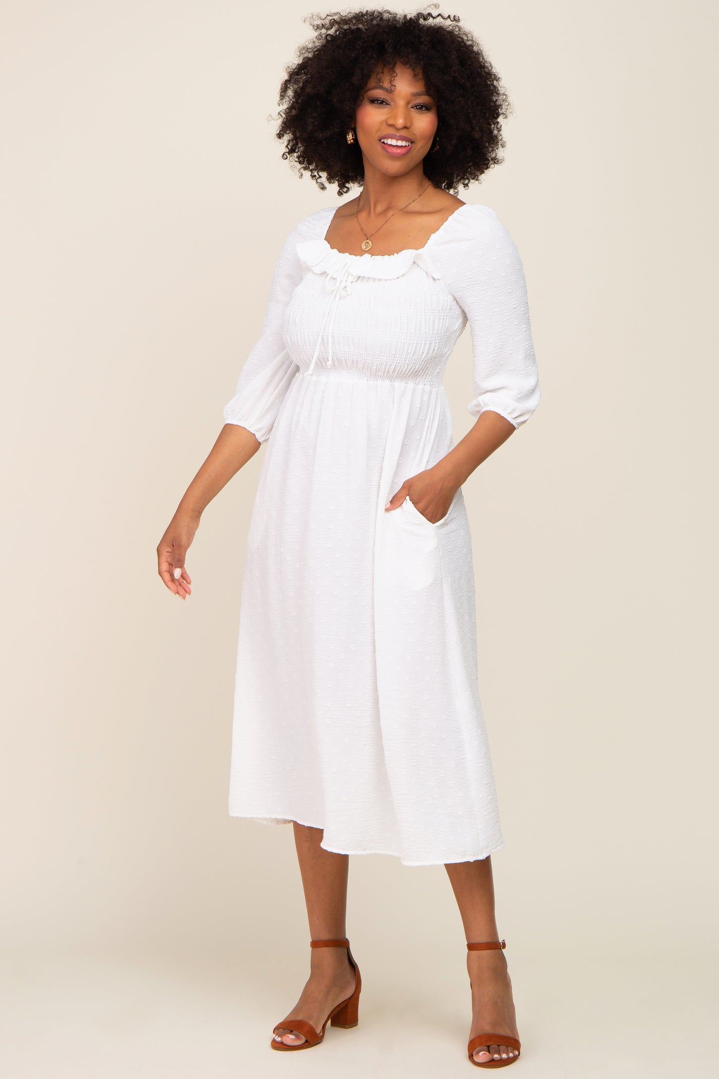 Ivory Swiss Dot 3/4 Sleeve Midi Dress