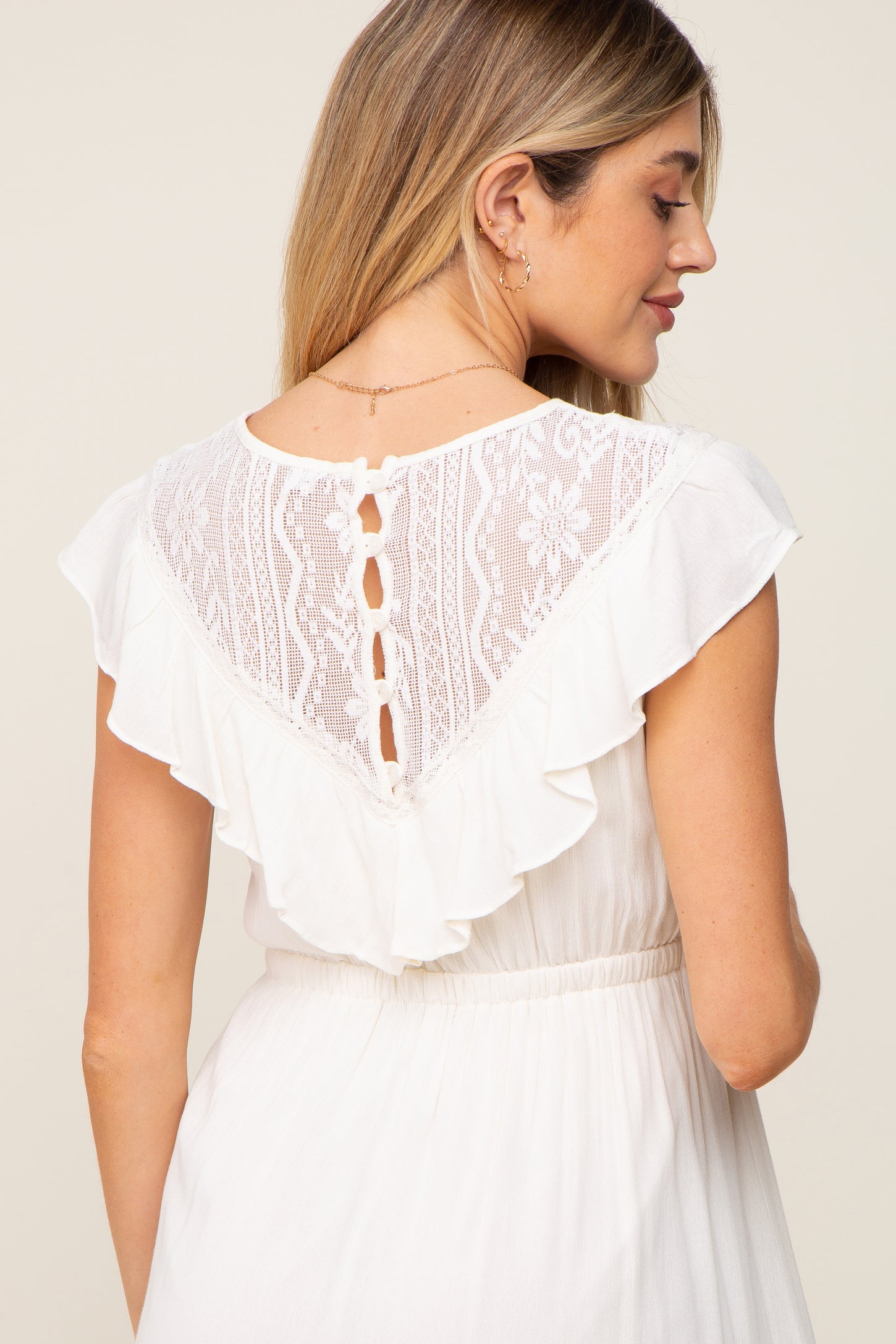 Ivory Lace Inset Ruffle Maternity Midi Dress