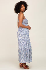 Blue Floral Paisley Smocked Button Front Maxi Dress