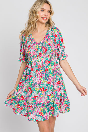 Fuchsia Floral Smocked Puff Sleeve Dress