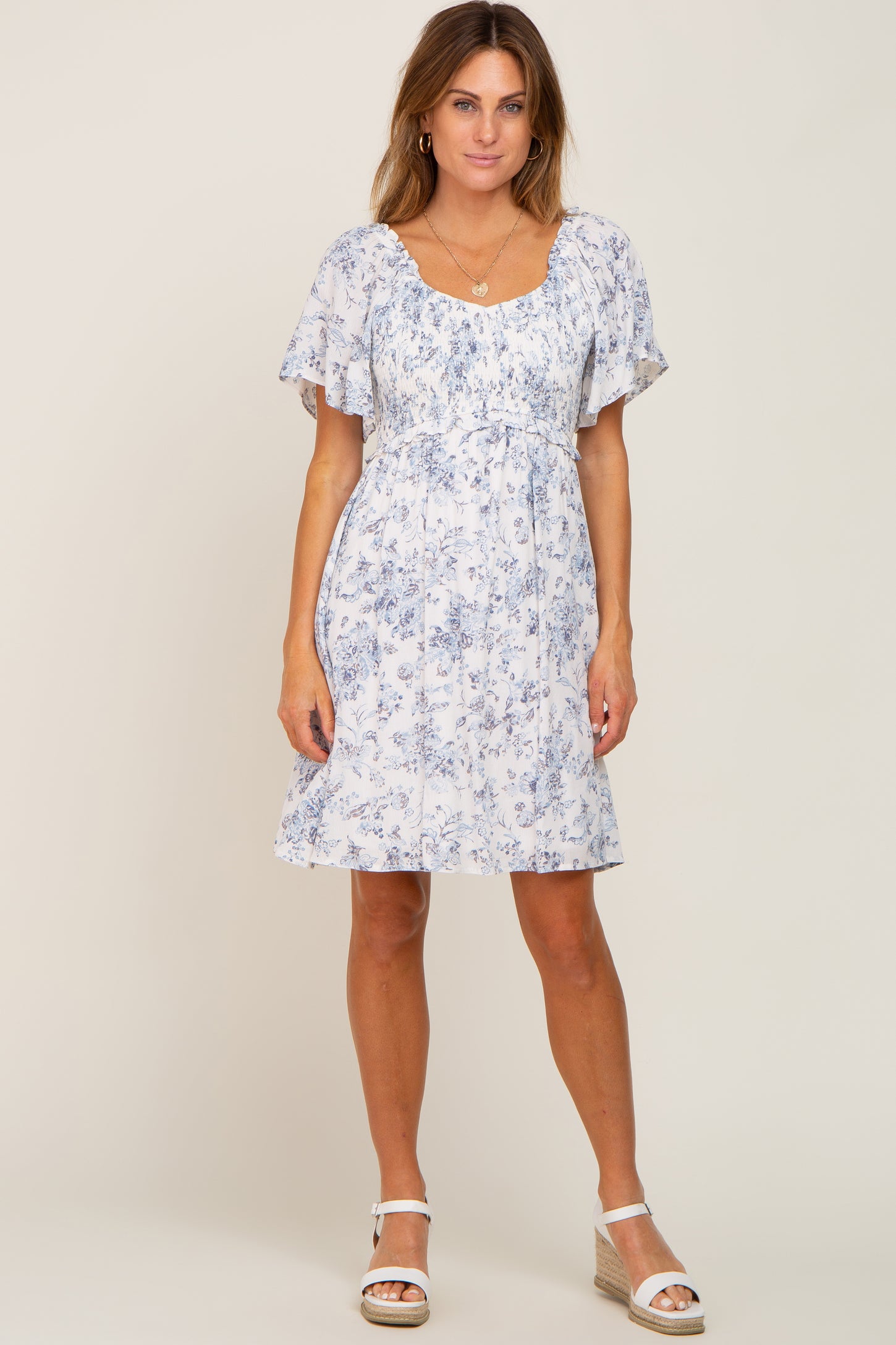 White Floral Print Smocked Ruffle Shoulder Maternity Dress