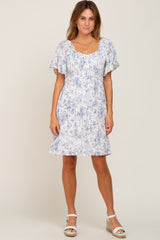 White Floral Print Smocked Ruffle Shoulder Maternity Dress