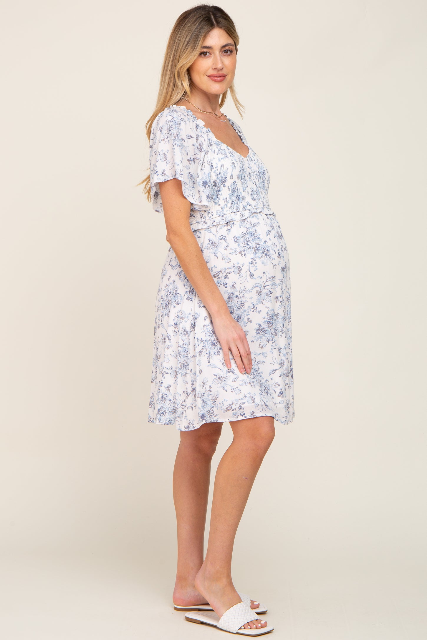 White Floral Print Smocked Ruffle Shoulder Maternity Dress
