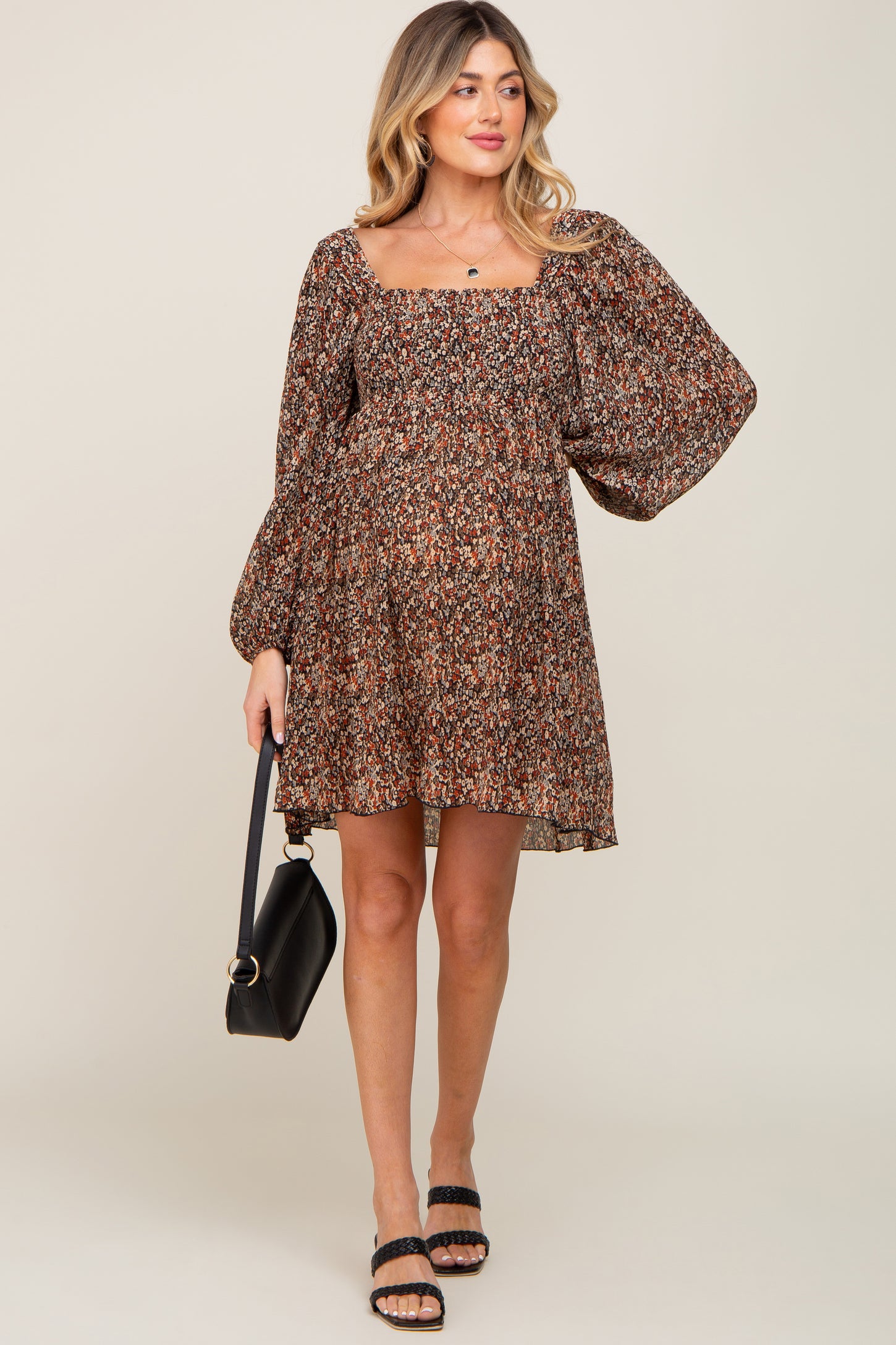 Black Floral Pleated Maternity Dress