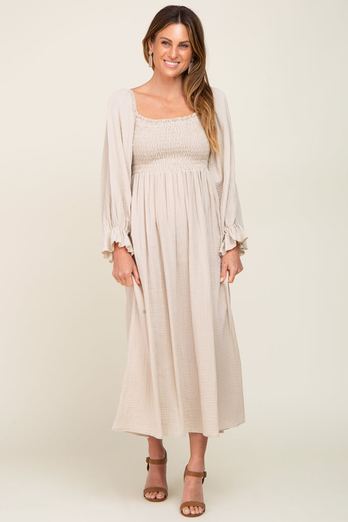 Beige Gauze Smocked Maternity Midi Dress