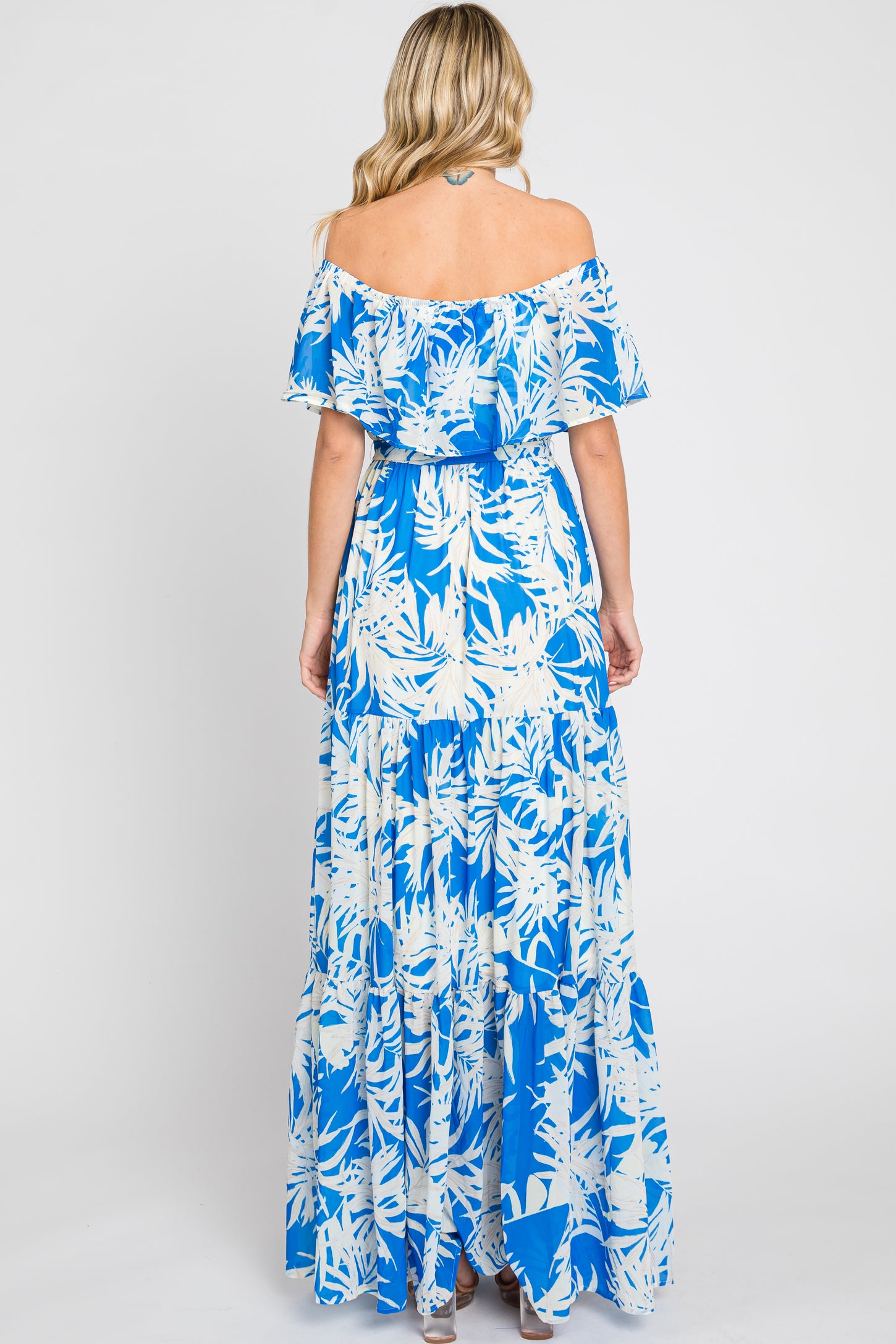 Blue Leaf Print Strapless Tiered Maxi Dress