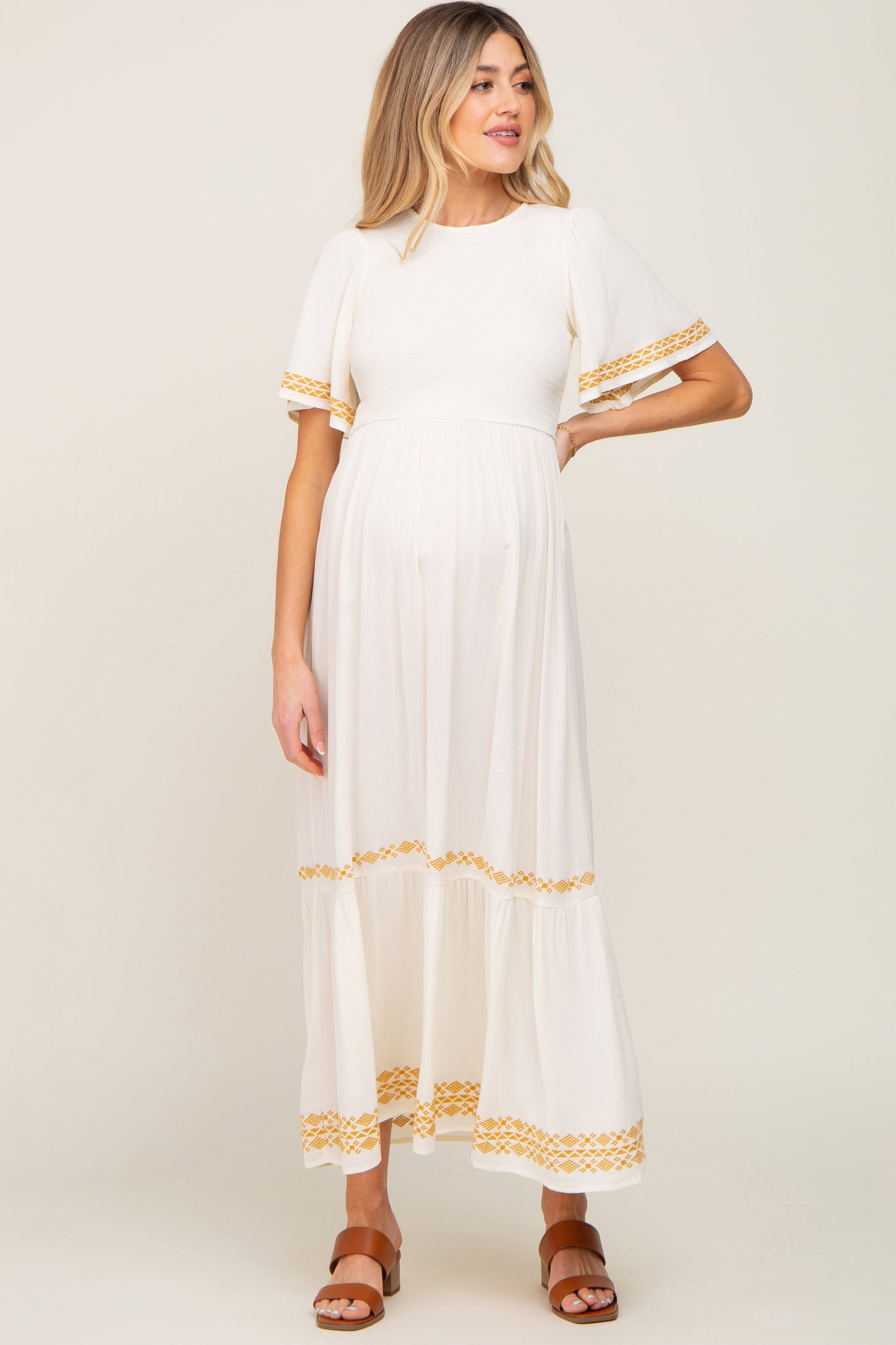 Ivory Embroidered Accent Maternity Maxi Dress