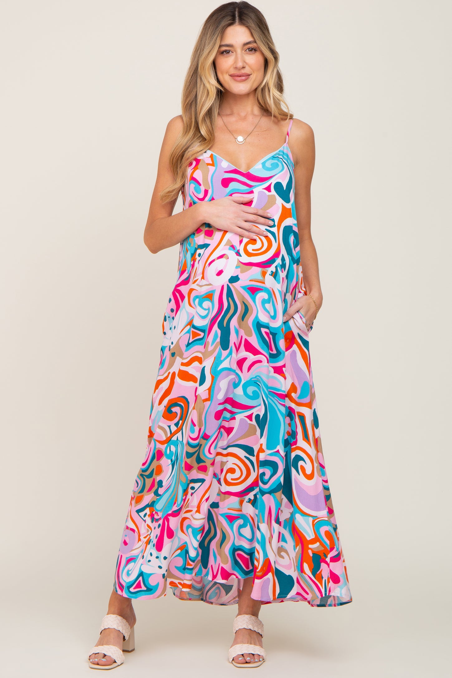 Multi-Color Sleeveless V-Neck Maternity Maxi Dress