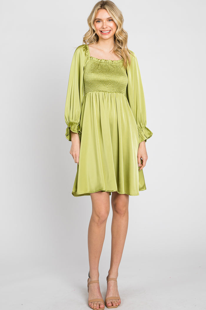 Lime Satin Smocked Square Neck Maternity Dress