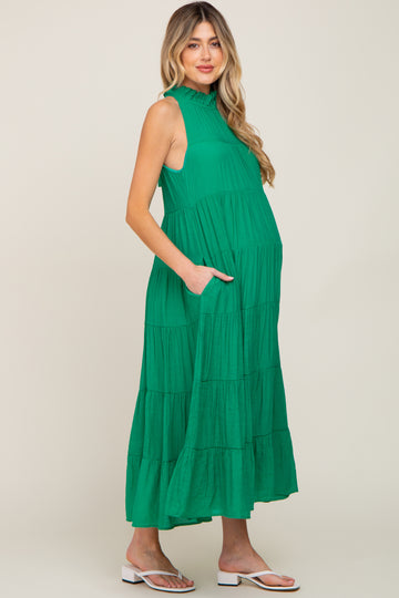 Green Tiered High Neck Maternity Maxi Dress
