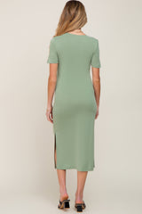 Sage V-Neck Short Sleeve Side Slit Maternity Midi Dress