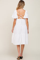 White Tiered Criss Cross Back Maternity Midi Dress