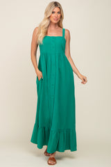 Green Front Button Sleeveless Maxi Dress