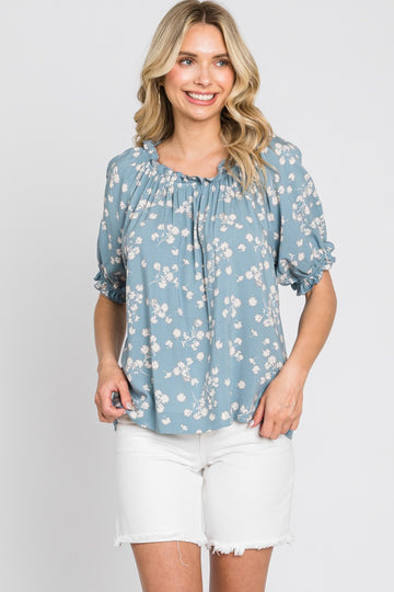 Blue Floral Ruffle Accent Top