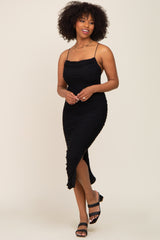 Black Mesh Ruched Cross Back Side Slit Midi Dress