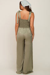 Olive Satin Smocked Square Neck Shoulder Tie Maternity Jumpsuit