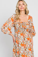 Light Blue Floral Ruffle Square Neck Smocked Front Tie Midi Dress