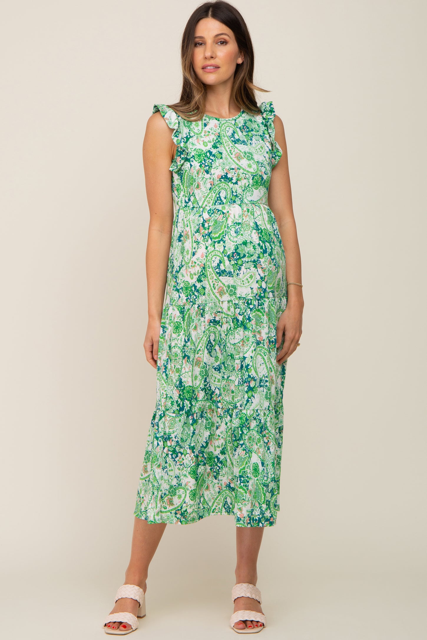 Green Floral Paisley Tiered Maternity Midi Dress