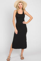 Black Ribbed Side Slit Maternity Midi Dress