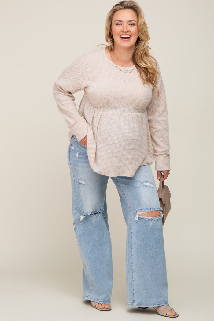 Light Blue Distressed Open Knee Wide Leg Maternity Plus Jeans