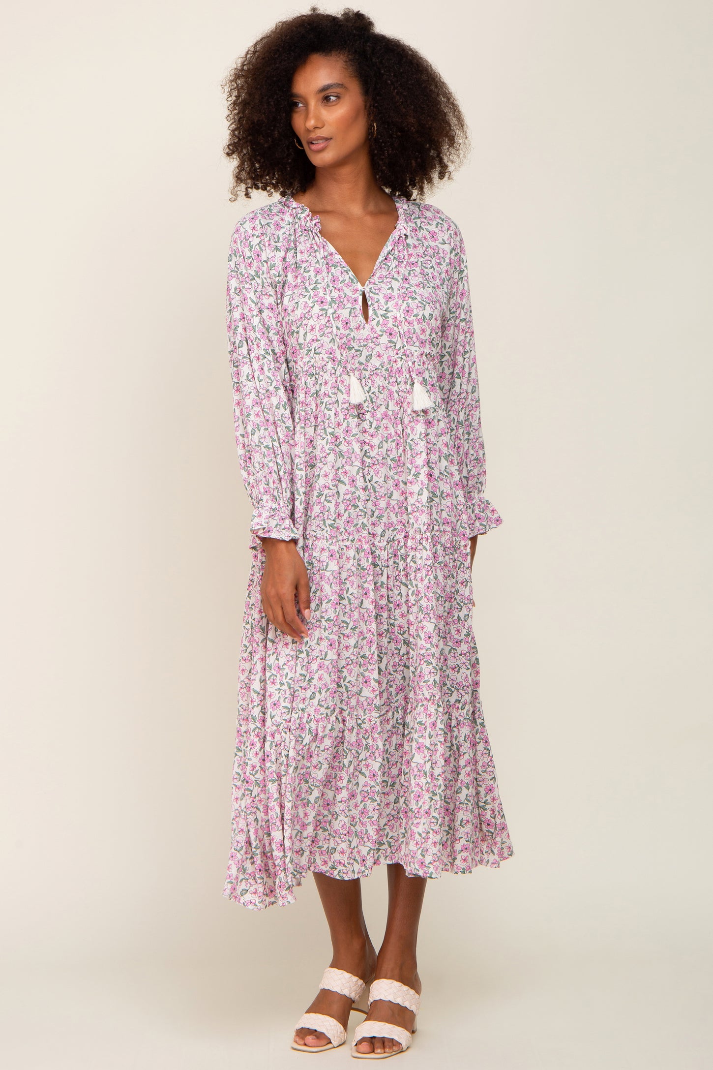 Pink Floral Front Tie Long Sleeve Tiered Maternity Midi Dress