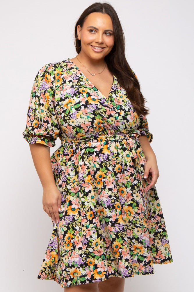 Black Floral 3/4 Sleeve Wrap Plus Dress