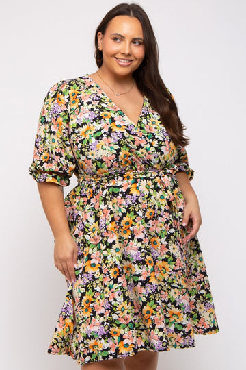 Black Floral 3/4 Sleeve Wrap Plus Dress