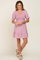 Mauve Plaid Smocked Puff Short Sleeve Dress