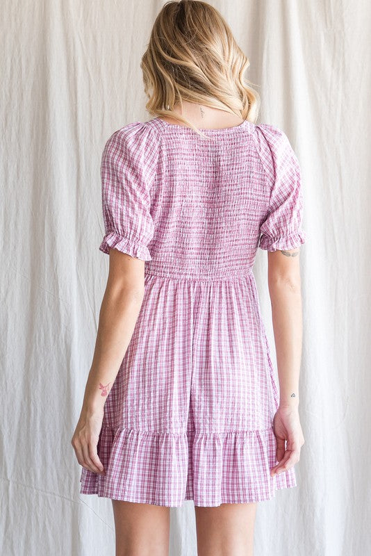 Mauve Plaid Smocked Puff Short Sleeve Dress
