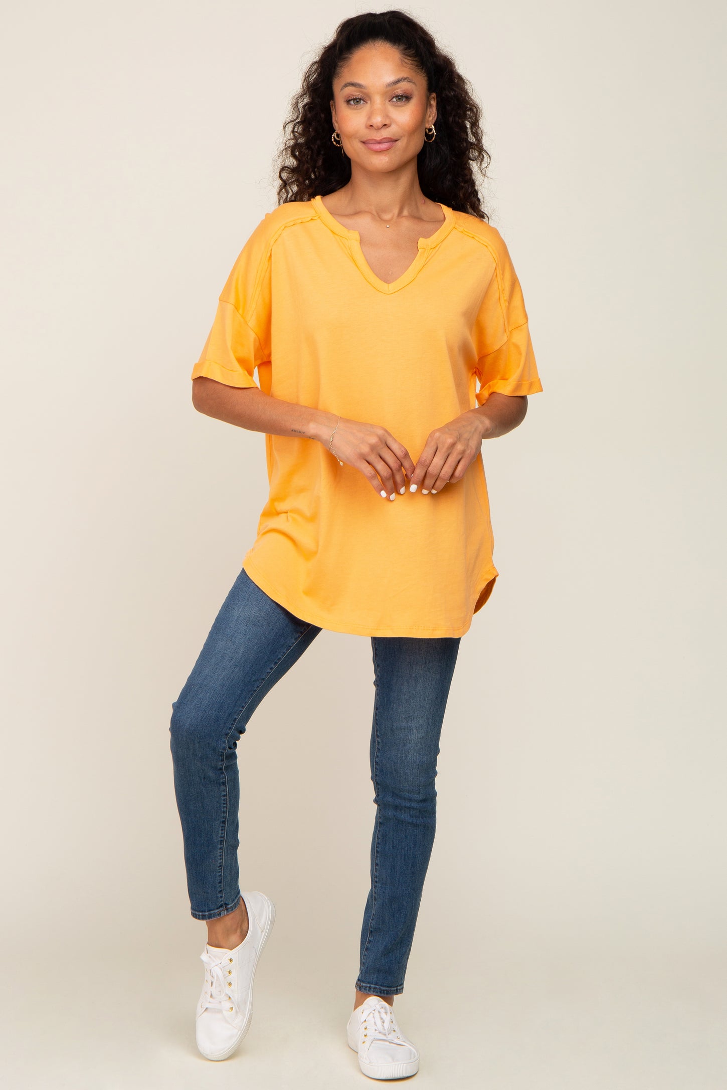Orange Oversized V-Neck Cuffed Short Sleeve Tee