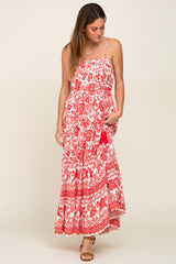 Red Floral Linen Tiered Maternity Maxi Dress
