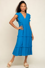 Aqua Ruffle Accent Tiered Midi Dress