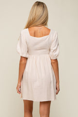 Cream Ribbed Button Front Flower Embroidered Maternity Dress