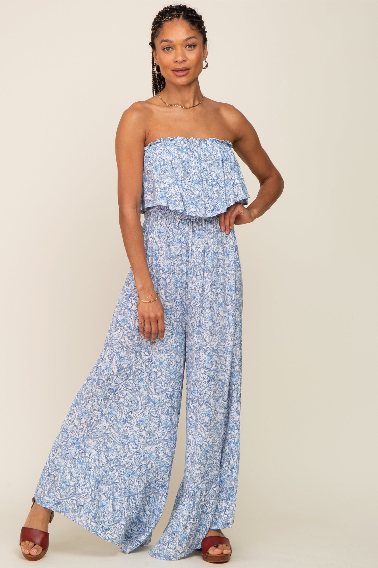 Light Blue Paisley Ruffle Strapless Maternity Jumpsuit